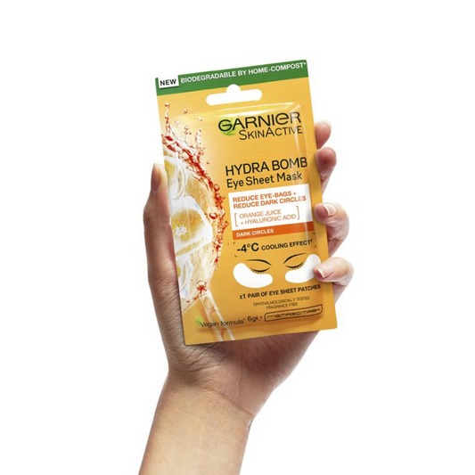 Garnier SkinActive Moisture Bomb is a super hydrating & refreshing eye sheet mask for tired, puffy and dull eye contours. Contains Orange Juice & hyaluronic acid. In just 15 minutes, leaves eye area looking brighter, more refreshed & awake. Helps reduce eye bags and dark circles. Best face sheet mask in Dhaka Bangladesh.