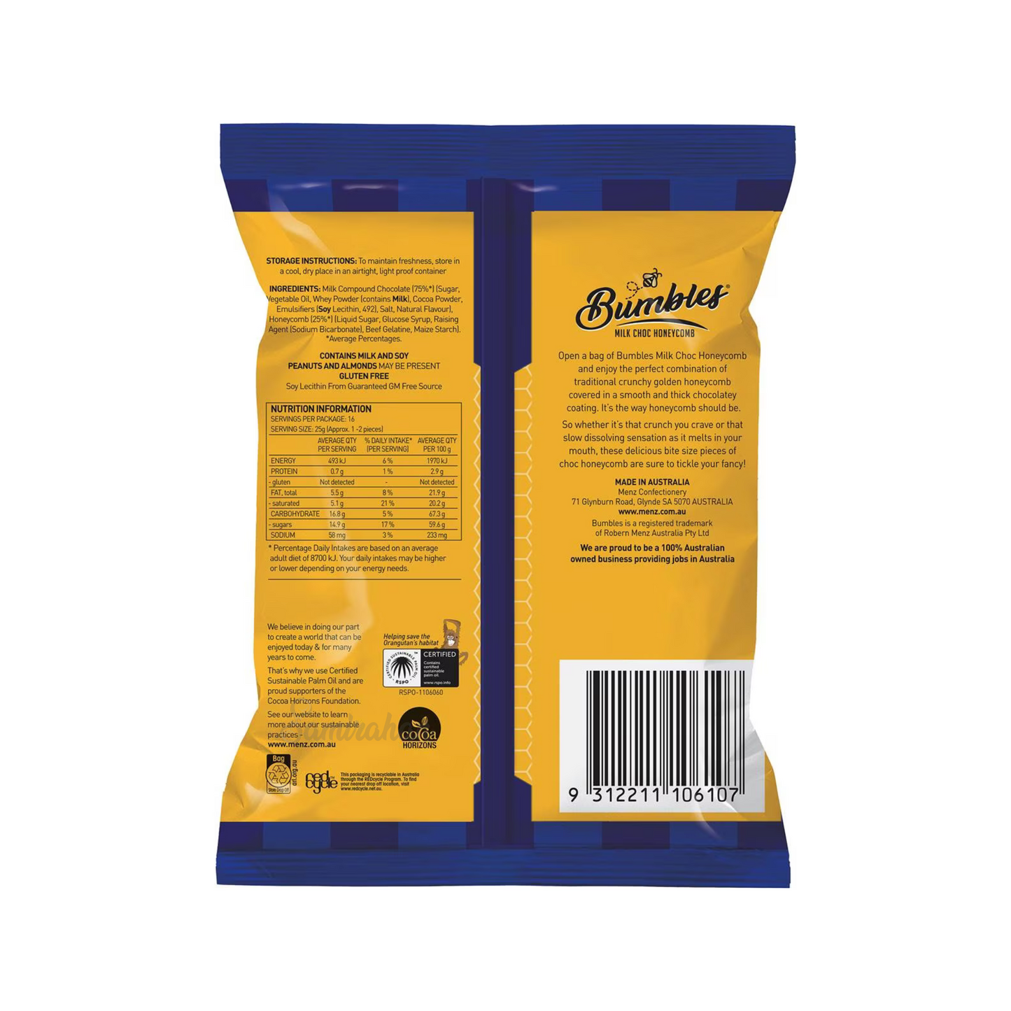 Menz Bumbles Milk Choc Honeycomb is a perfect combination of traditional crunchy golden honeycomb covered in a smooth and thick chocolatey coating. A delicious crunch in every bite. Aussie top chocolate candy sweets brand. Halal suitable. Made in Australia. Best food snack chocolate honey sweet in Dhaka Bangladesh.