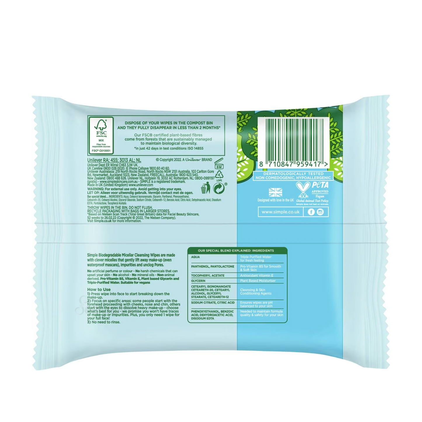 Simple Kind Skin Micellar Water Wipes cleanses grease makeup remover fresh instantly hydrated Pro-Vitamin B5 Unscented Best imported Australian low price in bd