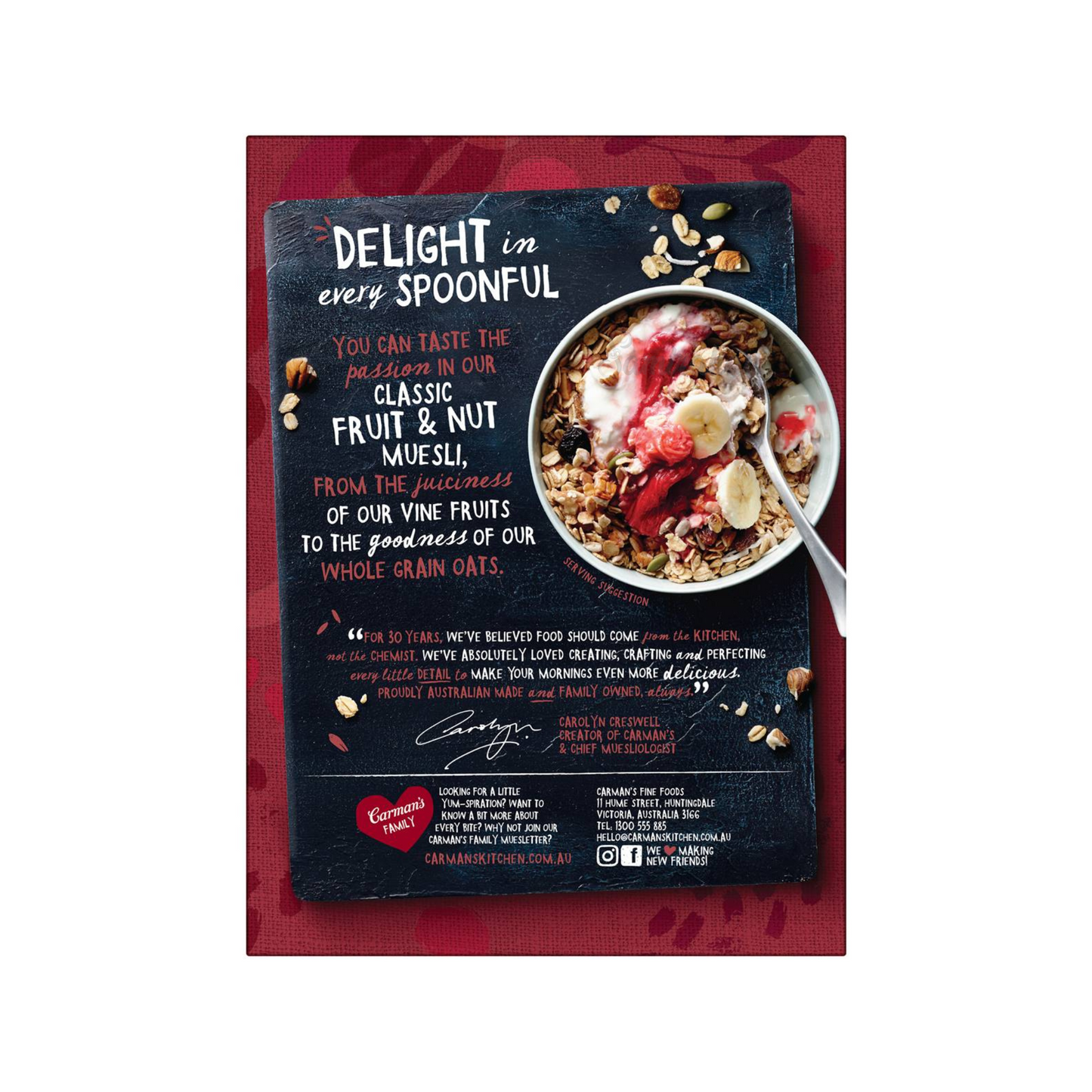 Carman's Classic Fruit & Nut Muesli is deliciously crisp, oven baked muesli with fruits & a blend of roasted nuts, seeds & coconut in a base of Australian whole grain oats. Low GI. Source of Protein & fibre. Halal certified. Best genuine foreign imported cereal food healthy nutrition breakfast in Dhaka Bangladesh.