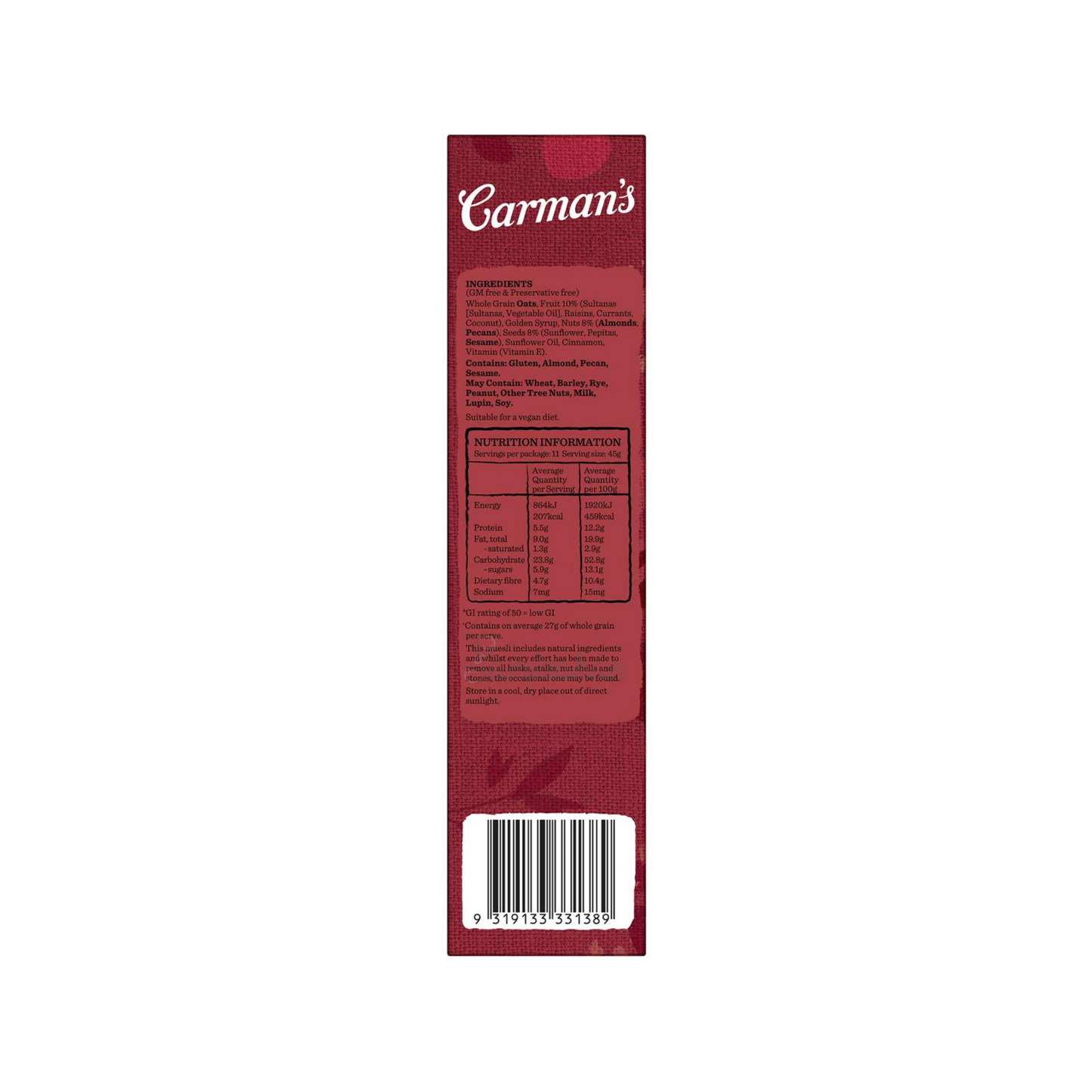 Carman's Classic Fruit & Nut Muesli is deliciously crisp, oven baked muesli with fruits & a blend of roasted nuts, seeds & coconut in a base of Australian whole grain oats. Low GI. Source of Protein & fibre. Halal certified. Best genuine foreign imported cereal food healthy nutrition breakfast in Dhaka Bangladesh.