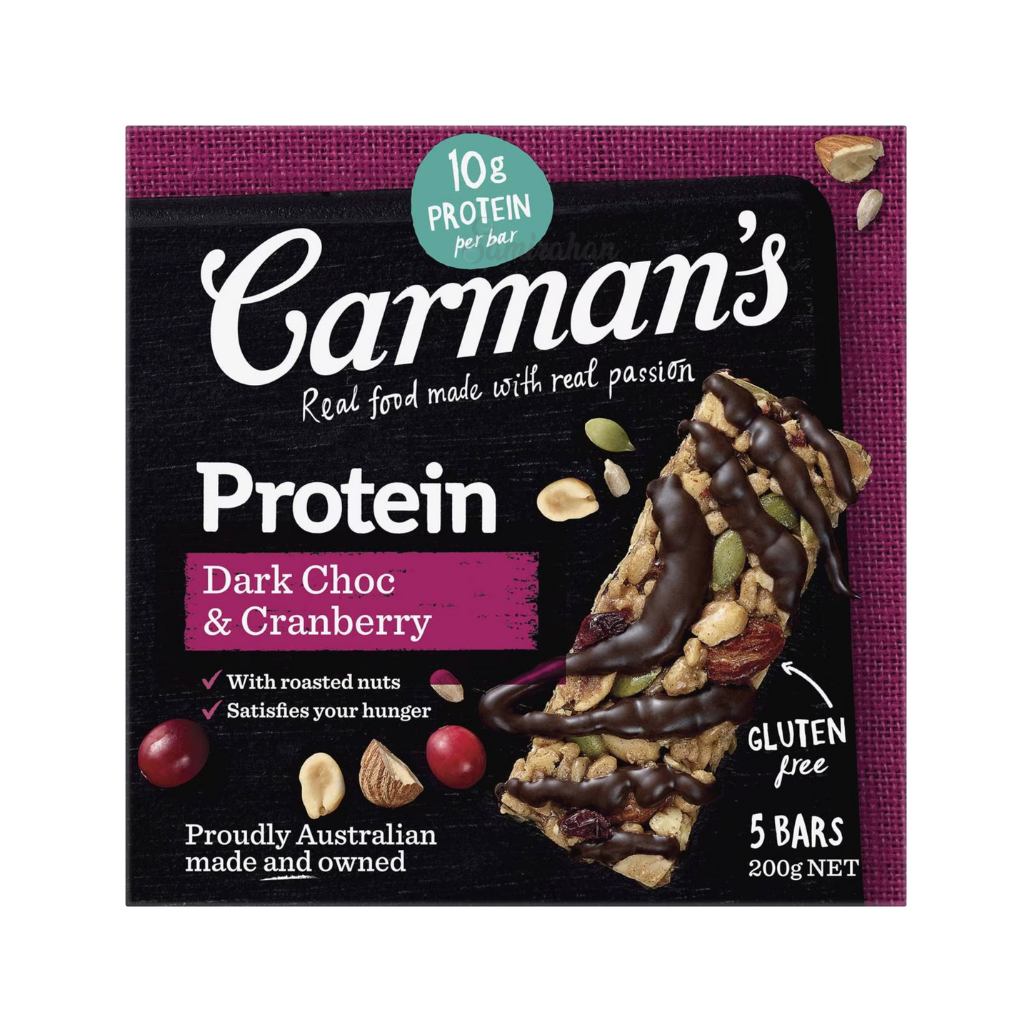Carman's Gourmet Protein Bars Dark Choc & Cranberry features juicy ripe cranberries, crunchy seeds & golden honey on a base of tasty roasted peanuts & almonds, all drizzled in luscious dark choc. Halal certified. Gluten free. Best genuine foreign Aussie health food healthy nutrition protein bar in Dhaka Bangladesh.