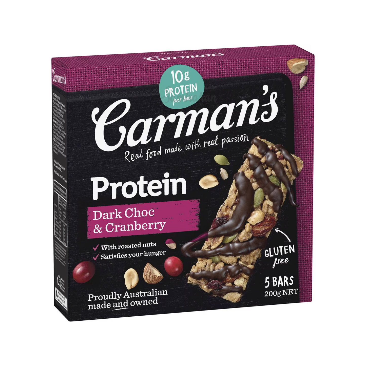 Carman's Gourmet Protein Bars Dark Choc & Cranberry features juicy ripe cranberries, crunchy seeds & golden honey on a base of tasty roasted peanuts & almonds, all drizzled in luscious dark choc. Halal certified. Gluten free. Best genuine foreign Aussie health food healthy nutrition protein bar in Dhaka Bangladesh.