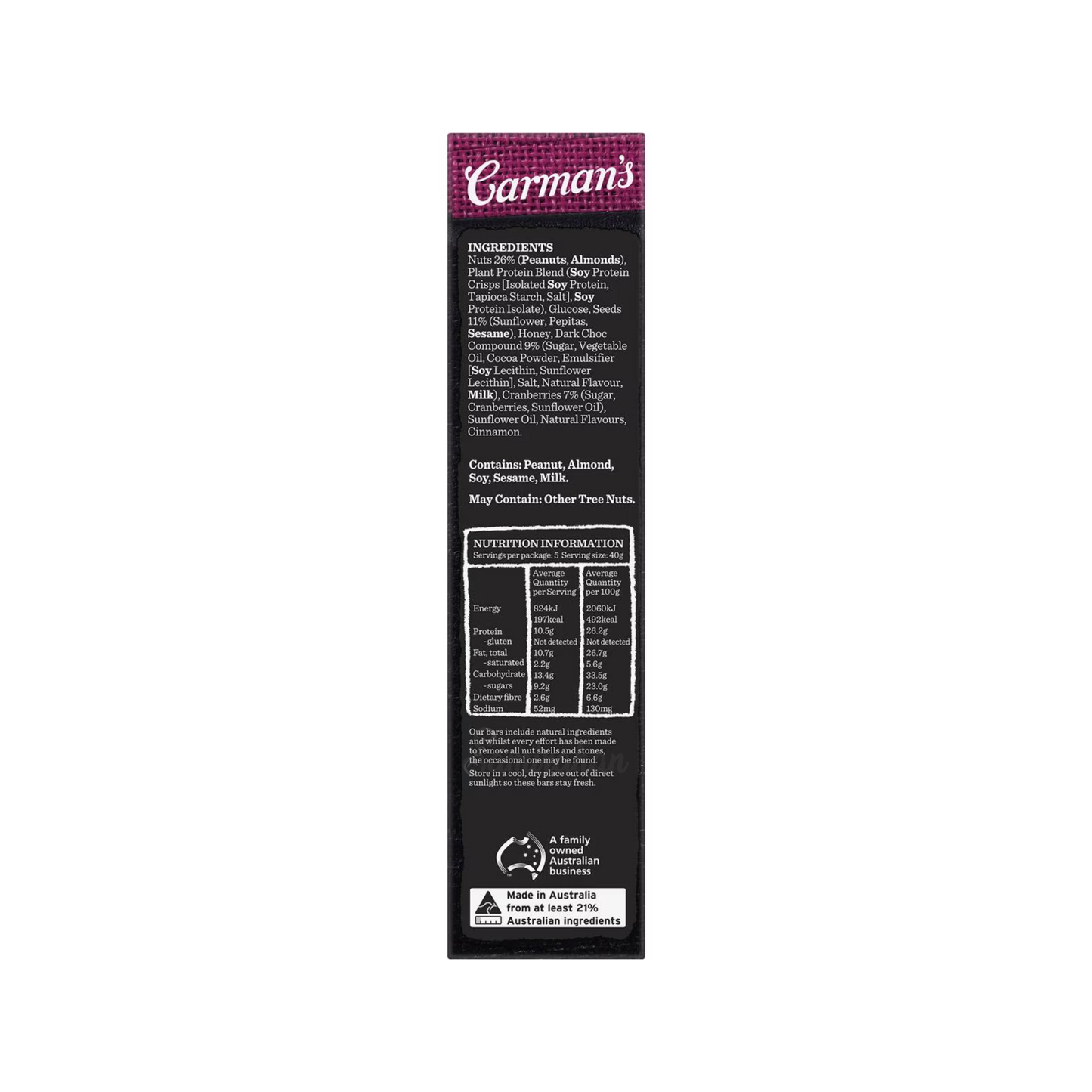 Carman's Gourmet Protein Bars Dark Choc & Cranberry features juicy ripe cranberries, crunchy seeds & golden honey on a base of tasty roasted peanuts & almonds, all drizzled in luscious dark choc. Halal certified. Gluten free. Best genuine foreign Aussie health food healthy nutrition protein bar in Dhaka Bangladesh.