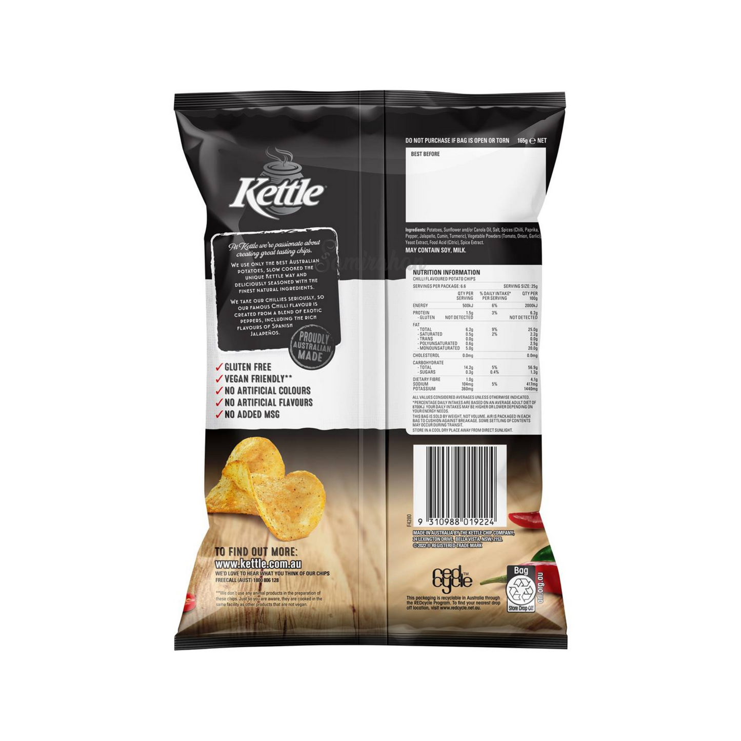 Kettle Potato Chips Chilli are slow-cooked chips topped with a tasty, natural & gluten free seasoning that's created from a blend of exotic peppers including Spanish Jalapenos. No artificial colours, flavours or MSG. Halal suitable. Vegan friendly. Best genuine foreign Aussie delicious snacks chip in Dhaka Bangladesh.