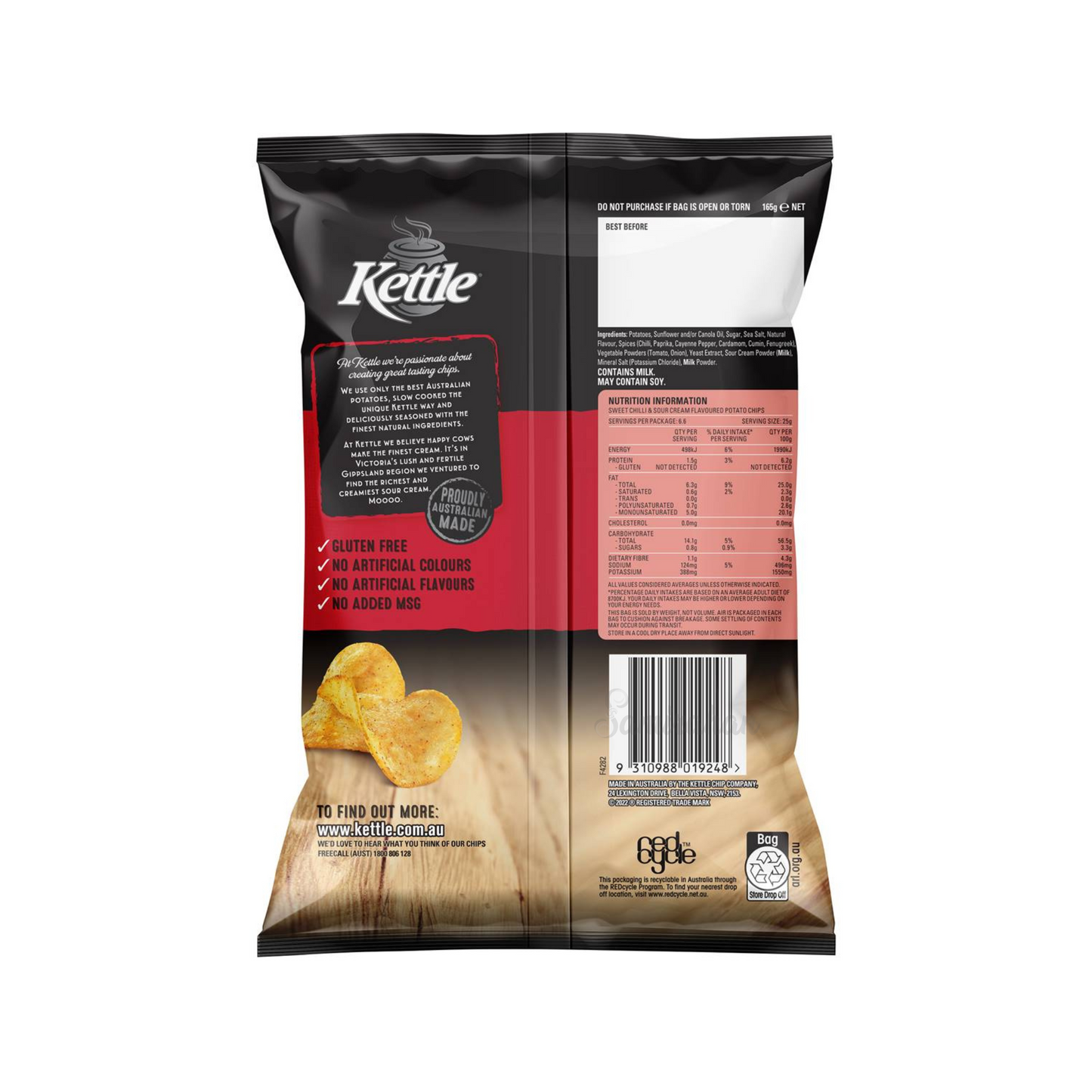 Kettle Potato Chips Sweet Chilli & Sour Cream are slow-cooked & topped with a tasty, natural & gluten free seasoning that uses Australia's richest & creamiest sour cream found in Victoria's lush & fertile Gippsland region. Halal suitable. Best genuine foreign Aussie delicious snacks chip in Dhaka Bangladesh.