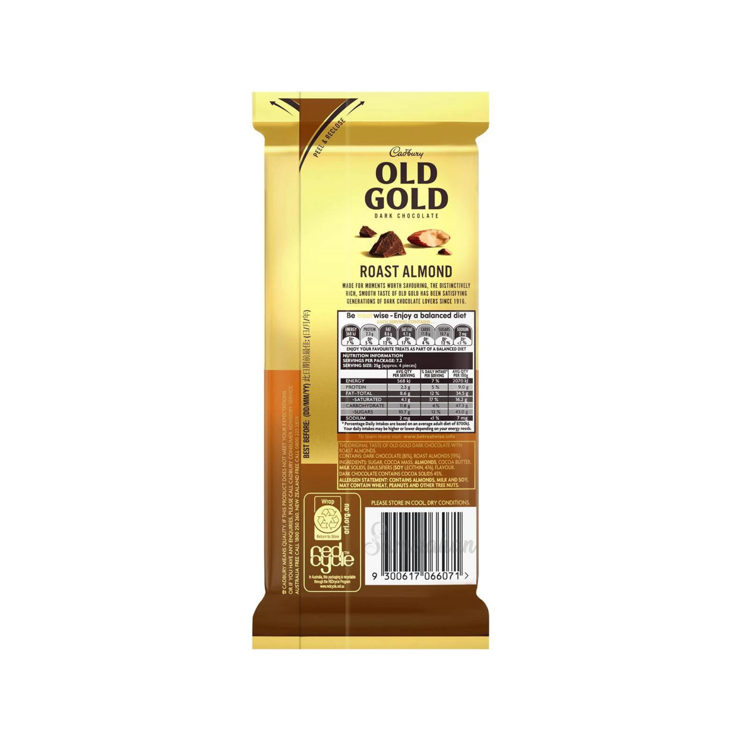Cadbury Old Gold Roast Almond Dark Chocolate Block is made of 45% cocoa, generous chunks of rich dark chocolate packed with deliciously crunchy whole roasted almonds. Halal suitable.. Best imported foreign Australian Aussie genuine premium sweets gift idea candy real snack chocolate cocoa price in Dhaka Bangladesh.