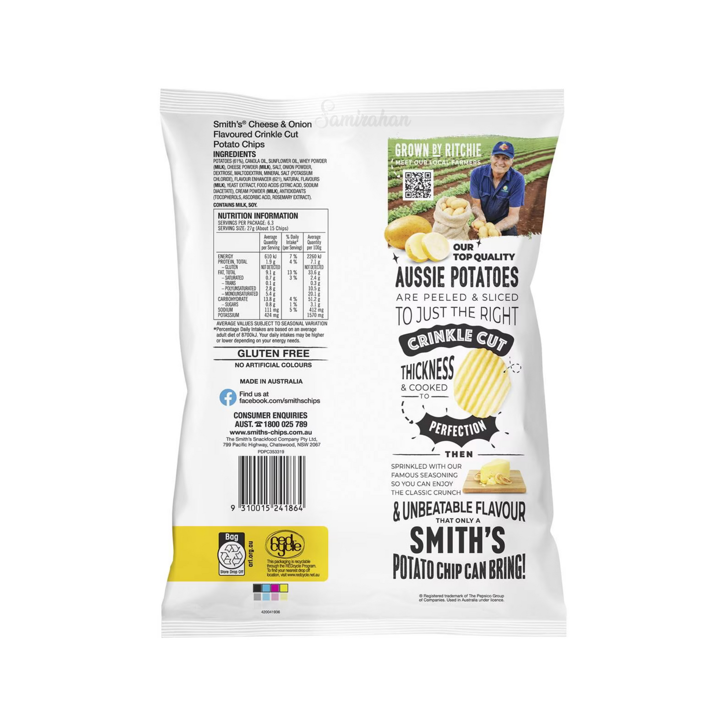 Smith's Crinkle Cut Potato Chips are made with 100% Australian potatoes & real ingredients. Cheese & Onion flavour. No artificial colours or flavours. Halal suitable. Gluten free. Best genuine authentic imported real foreign Aussie Australian delicious safe original healthier snacks alu cheap price in Dhaka Bangladesh.