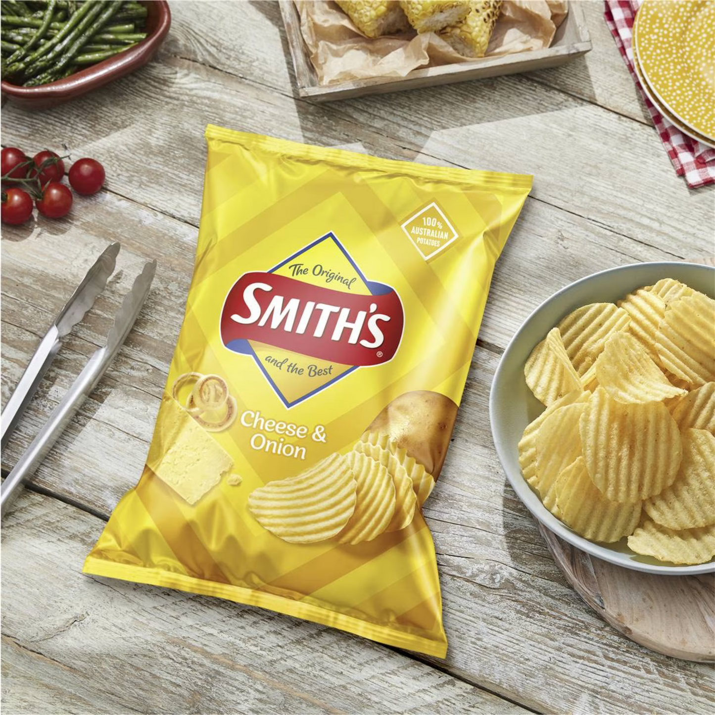 Smith's Crinkle Cut Potato Chips are made with 100% Australian potatoes & real ingredients. Cheese & Onion flavour. No artificial colours or flavours. Halal suitable. Gluten free. Best genuine authentic imported real foreign Aussie Australian delicious safe original healthier snacks alu cheap price in Dhaka Bangladesh.