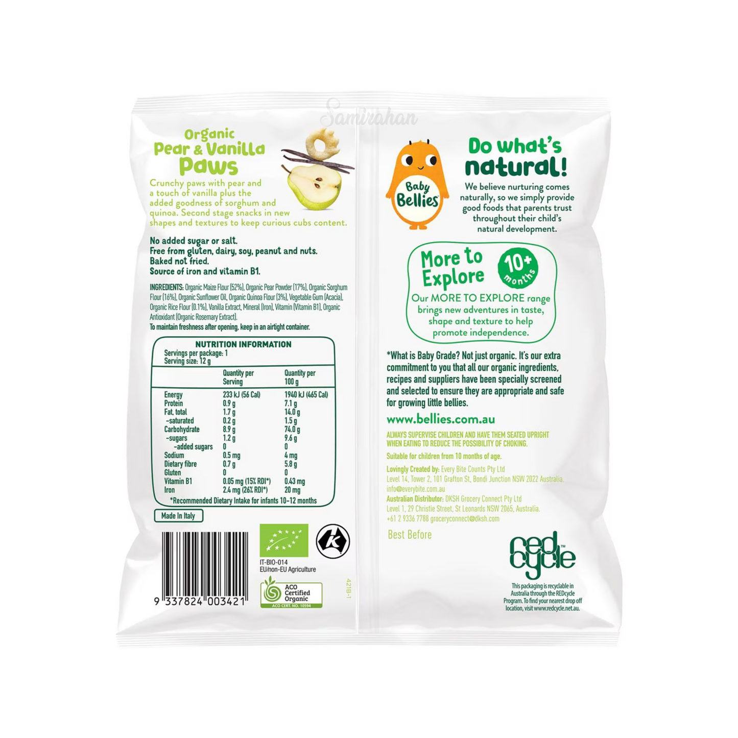 Baby Bellies Organic Pear & Vanilla Paws are multigrain snacks for curious cubs. Second stage snacks in new shapes and textures to keep curious cubs content. Halal suitable. Best imported foreign Australian Aussie genuine authentic premium quality real child snack healthy price in Dhaka Chittagong Sylhet Bangladesh.
