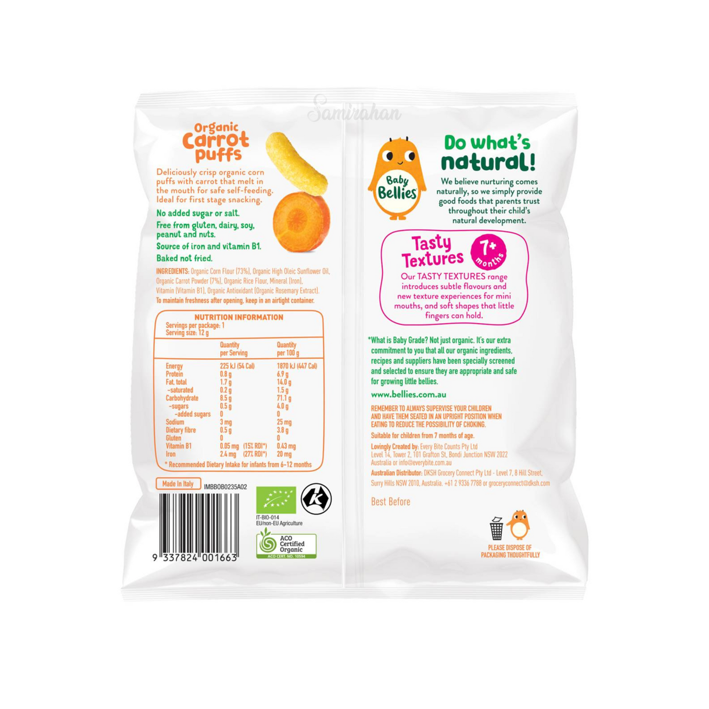 Baby Bellies Organic Carrot Puffs are puffed corn shapes for mini mouths & fingers. Deliciously crisp puffs with carrot for safe self-feeding. Halal suitable. Best imported foreign Australian Aussie genuine authentic premium quality real child snack healthy price in Dhaka Chittagong Sylhet Bangladesh.