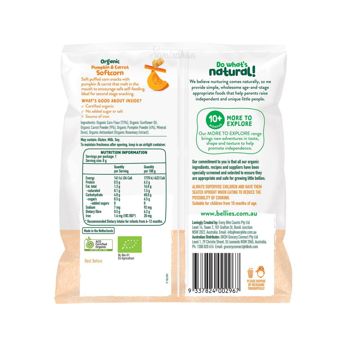 Baby Bellies Organic Pumpkin & Carrot Softcorn are soft puffed corn snacks with pumpkin & carrot that melt in the mouth to encourage safe self-feeding. Halal suitable. Best imported foreign Australian Aussie genuine authentic premium quality real child snack healthy price in Dhaka Chittagong Sylhet Bangladesh.