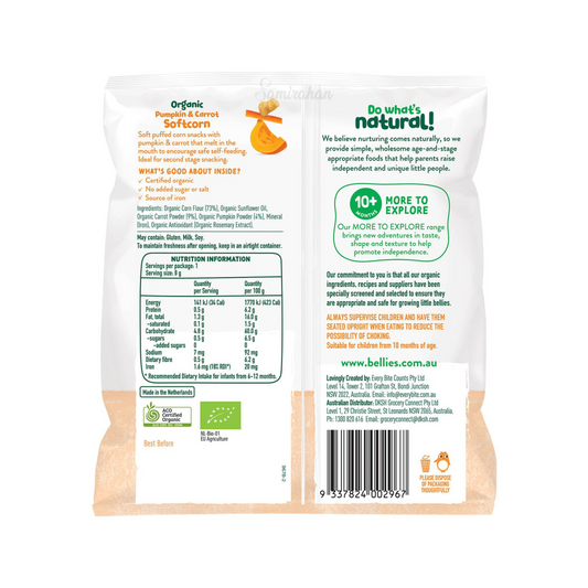 Baby Bellies Organic Pumpkin & Carrot Softcorn puff corn sugar salt Halal Best import Australia yummy baby food authentic child snack healthy cheap price in bd