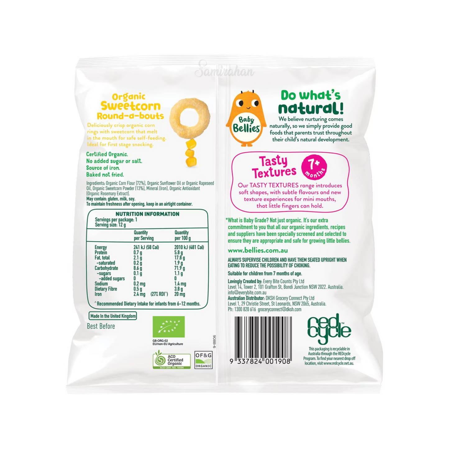 Baby Bellies Organic Sweetcorn Round-a-bouts are puffed corn shapes for mini mouths & fingers. Deliciously crispy organic corn rings with sweetcorn for safe self-feeding. Halal suitable. Best imported foreign Australian genuine authentic premium quality child snack healthy price in Dhaka Chittagong Sylhet Bangladesh.