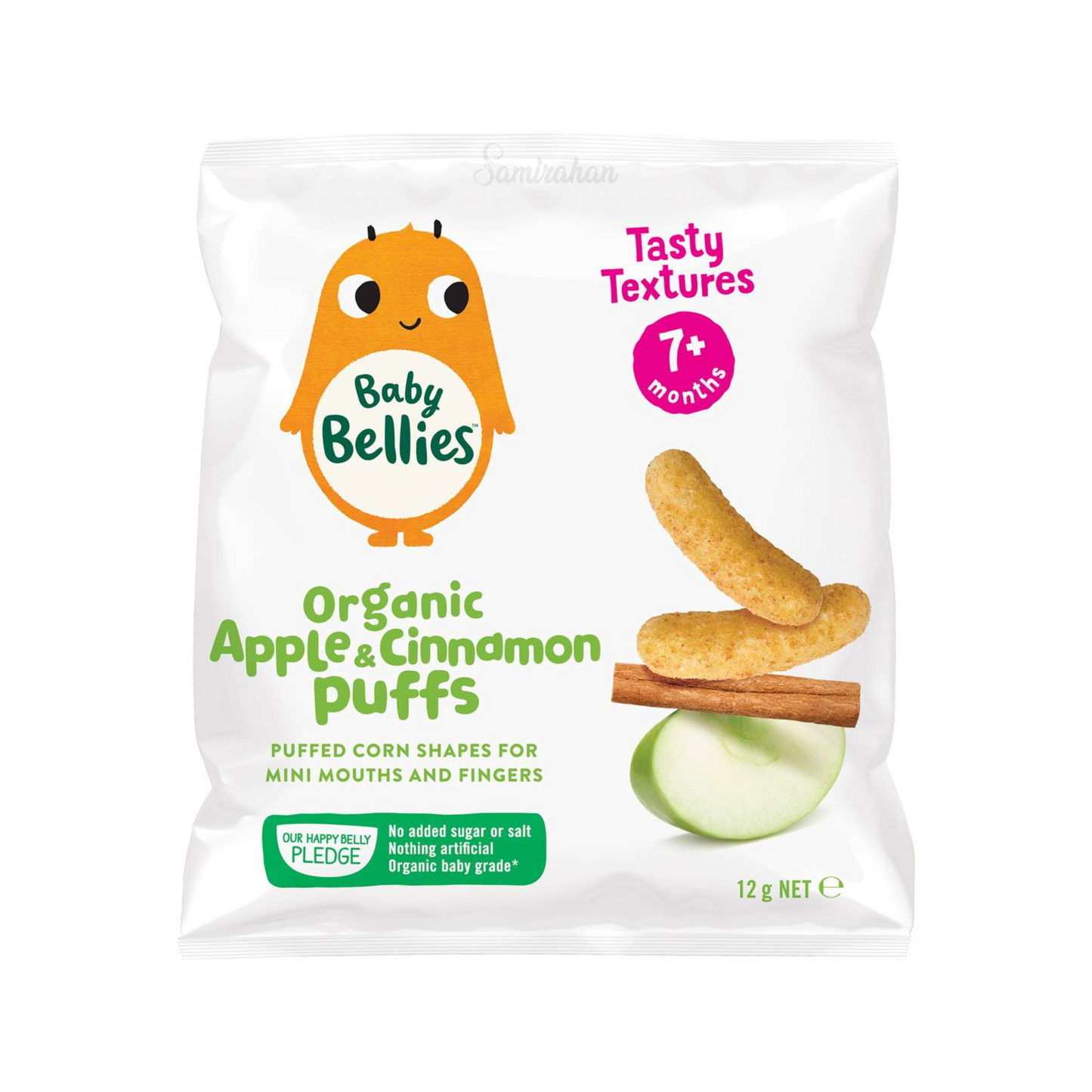 Baby Bellies Organic Apple & Cinnamon Puffs are puffed corn shapes for mini mouths & fingers. No added sugar or salt. Halal best imported foreign Australian Aussie genuine authentic premium quality real food growth organic brand child snack healthy cheapest price in Dhaka Chittagong Sylhet Khulna Rajshahi Bangladesh
