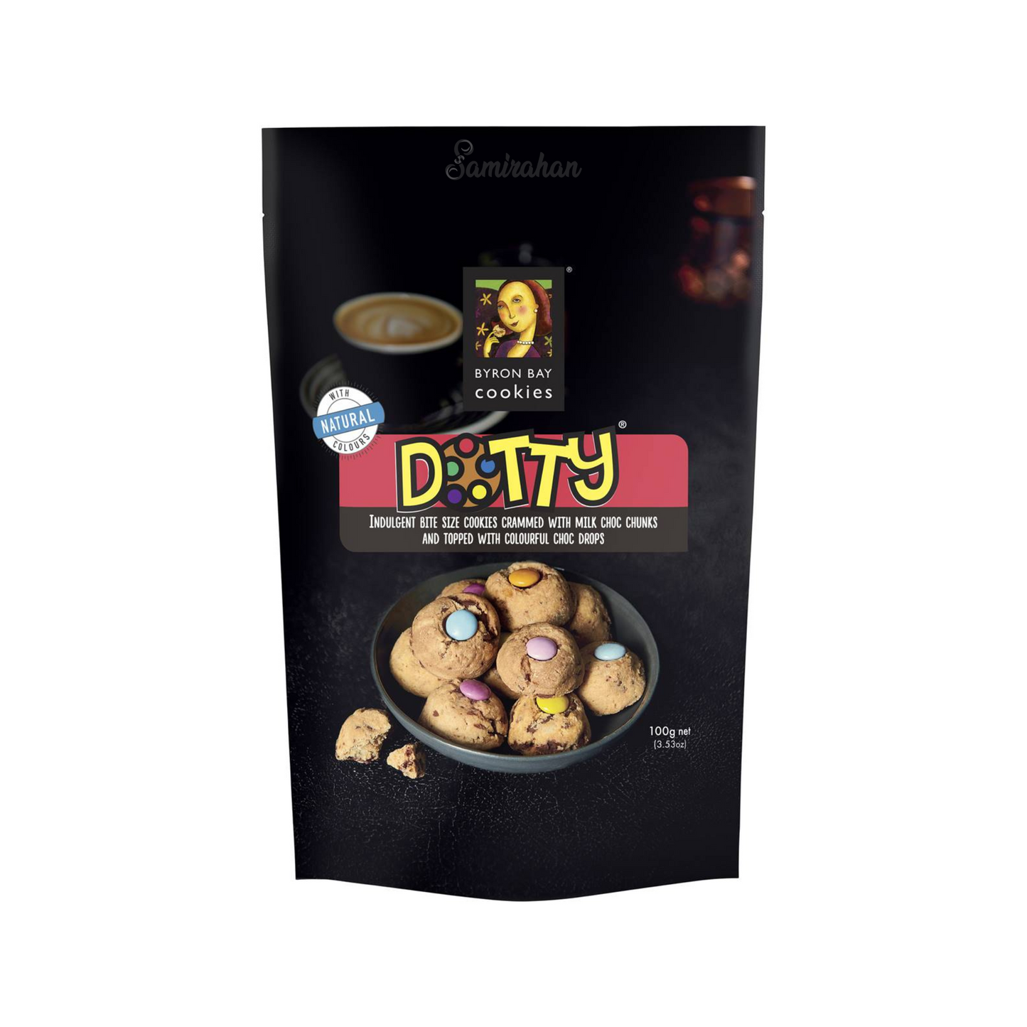 Byron Bay Cookies Dotty Cookie Bites are best described as indulgent bite size cookies crammed with milk choc chunks & topped with colourful choc drops. Halal certified. Best imported foreign genuine authentic real snack Australian Aussie premium quality sweets healthy biscuits cheap price in Dhaka Bangladesh.
