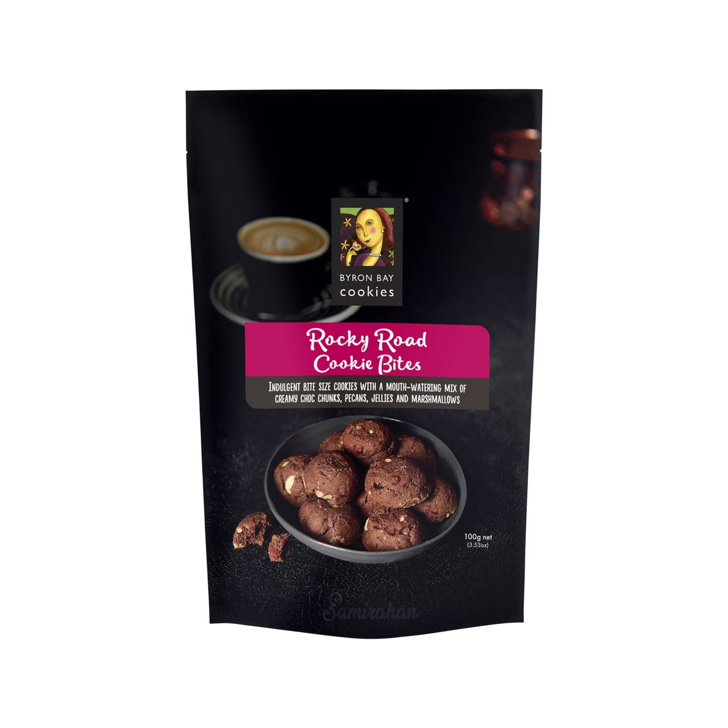 Byron Bay Cookies Rocky Road Cookie Bites are indulgent bite size cookies with a mouth-watering mix of creamy choc chunks, pecans, jellies & marshmallows. Halal certified. Best imported foreign genuine authentic real snack Australian Aussie premium quality sweets healthy biscuits cheap price in Dhaka Bangladesh.