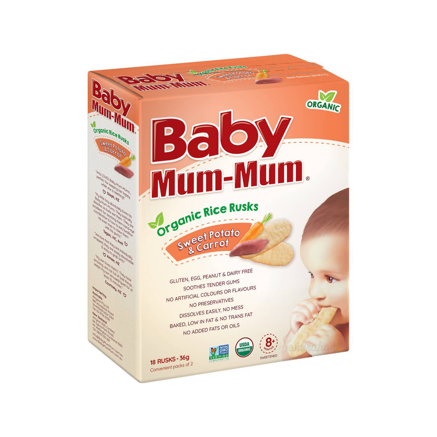 Baby Mum Mum Organic Rice Rusk Sweet Potato & Carrot 8+ Months are made from premium Australian grain fruits vegetables. No artificial colour flavor halal best imported foreign Australian genuine authentic quality real child food shishu snack nutrition healthy cheapest price in Dhaka Chittagong Sylhet Khulna Bangladesh
