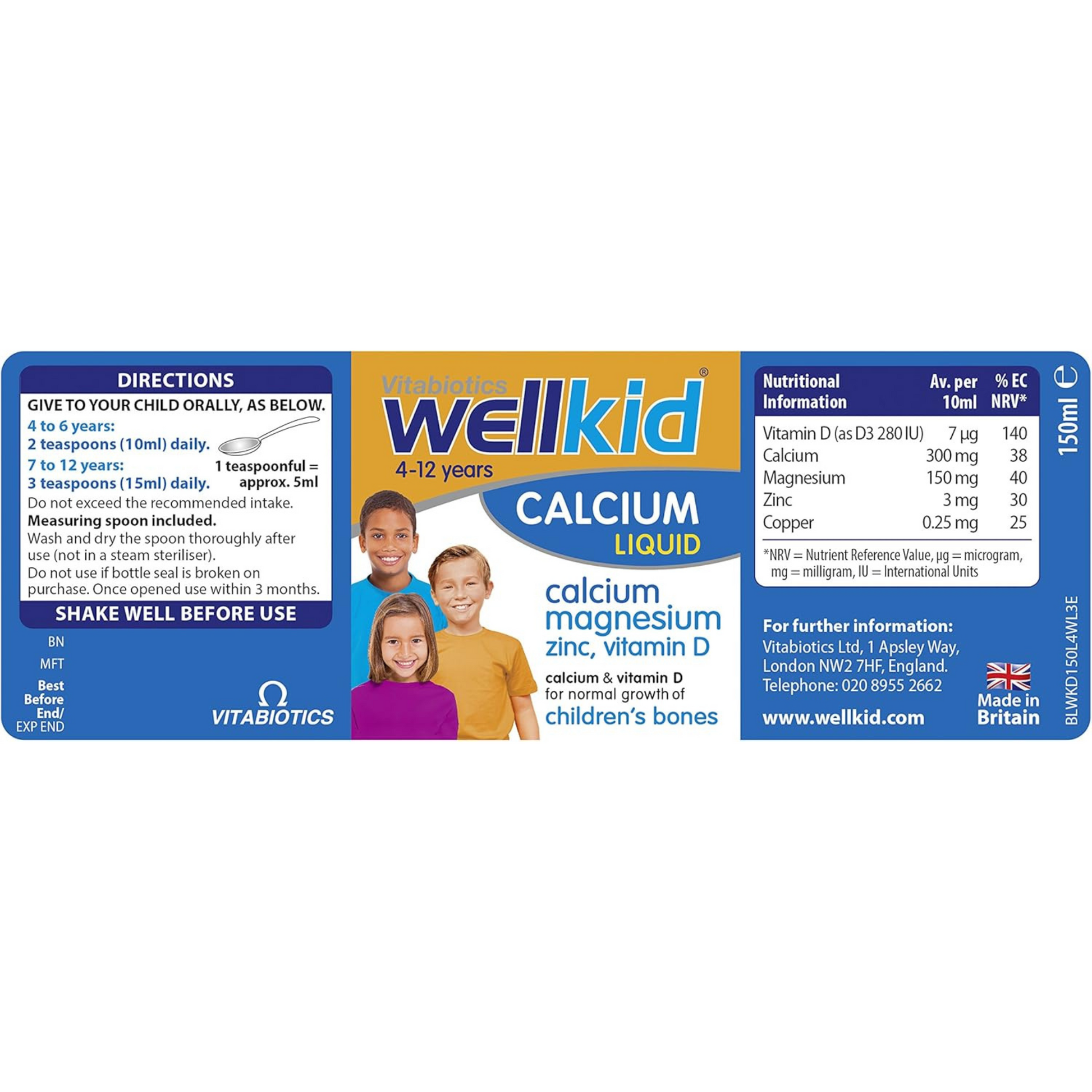 Vitabiotics Wellkid Calcium Liquid Growth Children Bones 4-12 years imported Best UK healthcare Zinc vitamin D Food supplement Nutrition doctor low price in bd