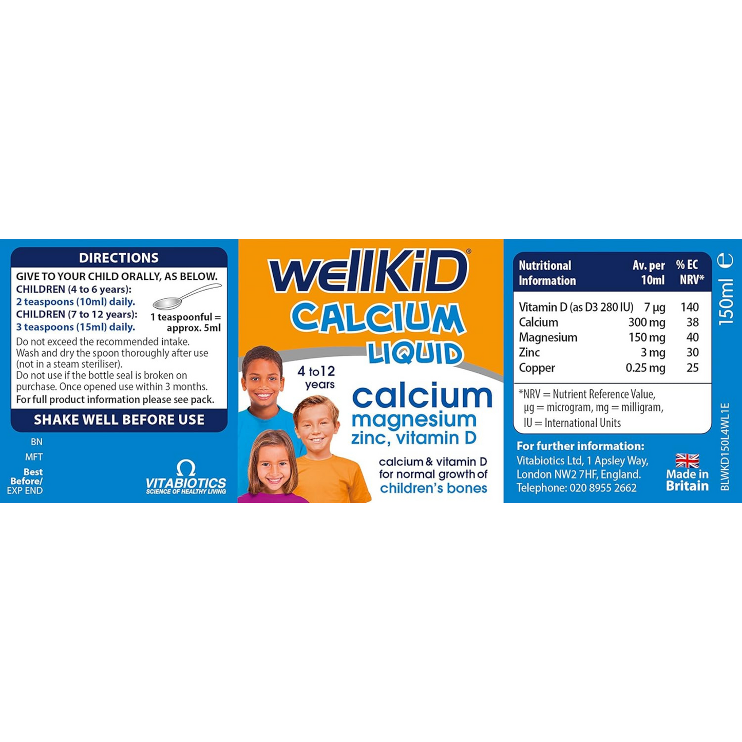 Vitabiotics Wellkid Calcium Liquid Growth Children Bones 4-12 years imported Best UK healthcare Zinc vitamin D Food supplement Nutrition doctor low price in bd