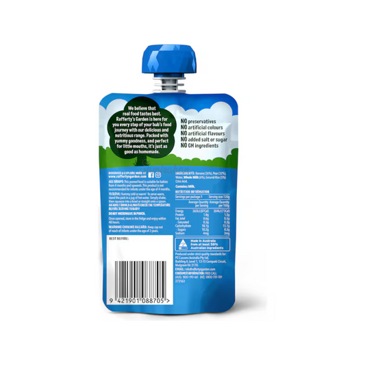 Raffertys Garden Suger Free Rice Cereal Pear Banana & Milk Baby Pouch fruit vegetable Best import Australia authentic premium kid snack healthy low price in BD