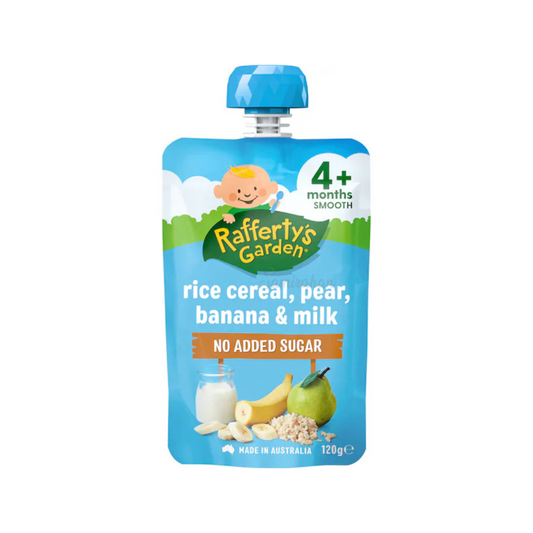 Raffertys Garden Suger Free Rice Cereal Pear Banana & Milk Baby Pouch fruit vegetable Best import Australia authentic premium kid snack healthy low price in BD