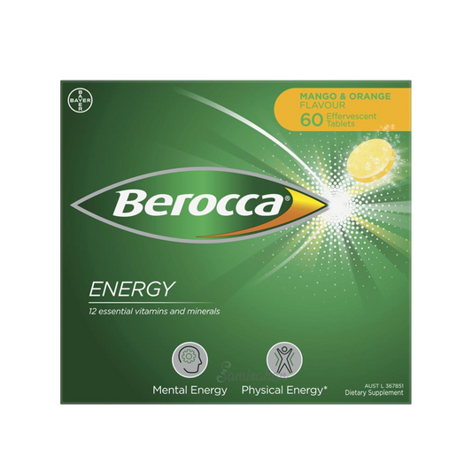 Berocca Energy Vitamin B and C Mango and Orange Flavour Effervescent Multivitamin Drink Tablets (Australia) Pack of 15 or 60 Servings