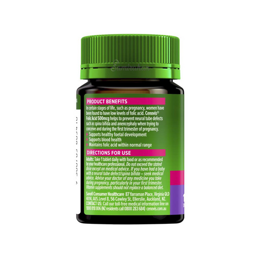 Cenovis Folic Acid 500mcg health supplement women neural tube defects spina bifida anencephaly conceive blood pregnancy Halal Australian authentic low price bd