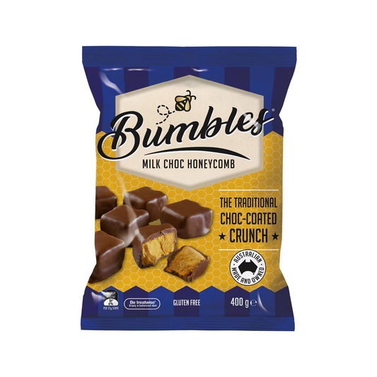 Menz Bumbles Milk Choc Honeycomb is a perfect combination of traditional crunchy golden honeycomb covered in a smooth and thick chocolatey coating. A delicious crunch in every bite. Aussie top chocolate candy sweets brand. Halal suitable. Made in Australia. Best food snack chocolate honey sweet in Dhaka Bangladesh.