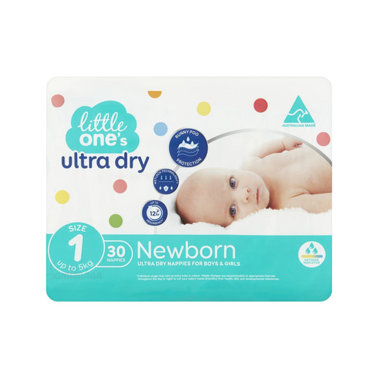 Little One's Size 1 Ultra Dry Nappies are suitable for boys & girls from newborn up to 5kg. It has embossed lining for runny poo protection, provides dry comfort, up to 12hrs absorbency & soft, secure & comfortable fit. Dermatologically tested. Best foreign genuine Australian baby diaper nappy in Dhaka Bangladesh.