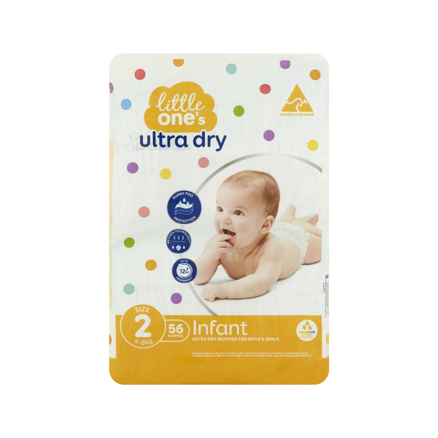 Little One's Size 2 Ultra Dry Nappies are suitable for boy & girl infants from 4-8kg. It has embossed lining for runny poo protection, provides dry comfort, up to 12hrs absorbency & soft, secure & comfortable fit. Dermatologically tested. Best foreign genuine Australian baby diaper nappy in Dhaka Bangladesh.