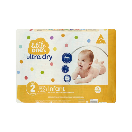 Little One's Size 2 Ultra Dry Nappies are suitable for boy & girl infants from 4-8kg. It has embossed lining for runny poo protection, provides dry comfort, up to 12hrs absorbency & soft, secure & comfortable fit. Dermatologically tested. Best foreign genuine Australian baby diaper nappy in Dhaka Bangladesh.