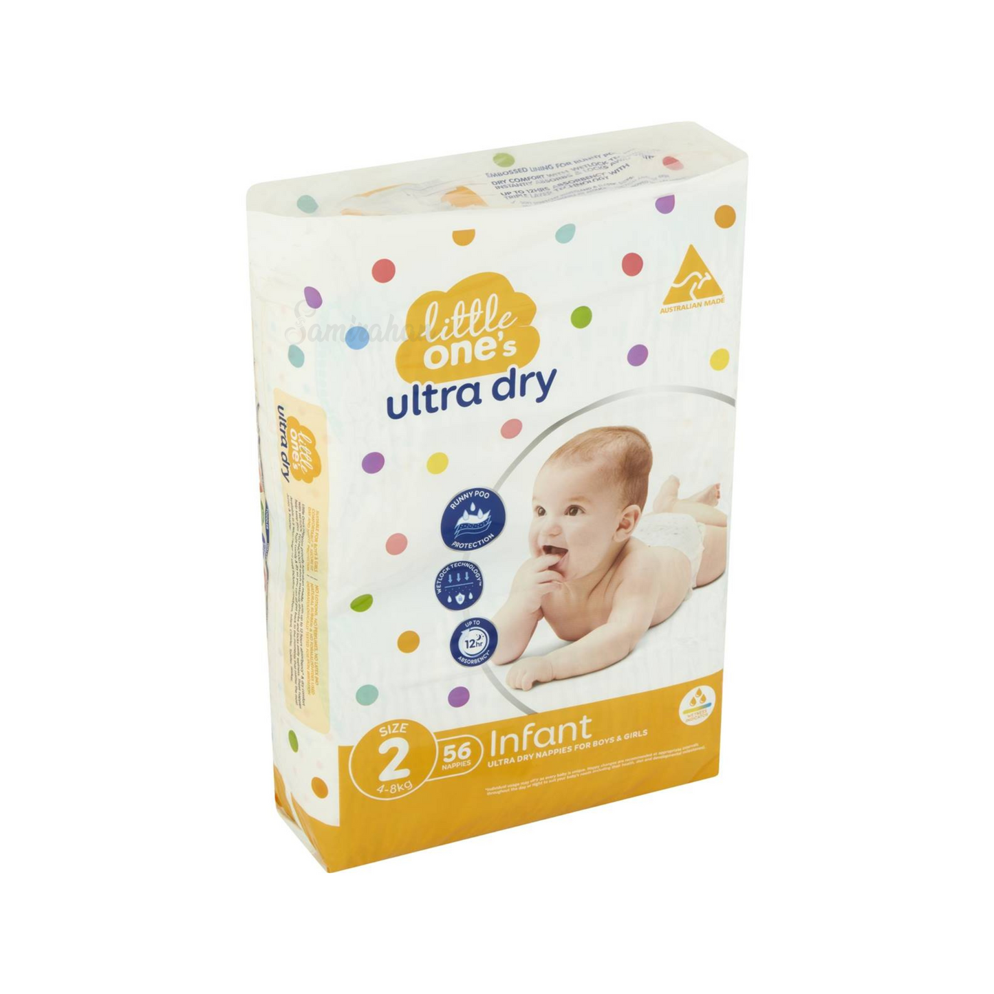 Little One's Size 2 Ultra Dry Nappies are suitable for boy & girl infants from 4-8kg. It has embossed lining for runny poo protection, provides dry comfort, up to 12hrs absorbency & soft, secure & comfortable fit. Dermatologically tested. Best foreign genuine Australian baby diaper nappy in Dhaka Bangladesh.