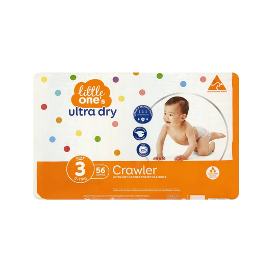 Little One's Size 2 Ultra Dry Nappies are suitable for boy & girl crawlers from 6-11kg. It has embossed lining for runny poo protection, provides dry comfort, up to 12hrs absorbency & soft, secure & comfortable fit. Dermatologically tested. Best foreign genuine Australian baby diaper nappy in Dhaka Bangladesh.
