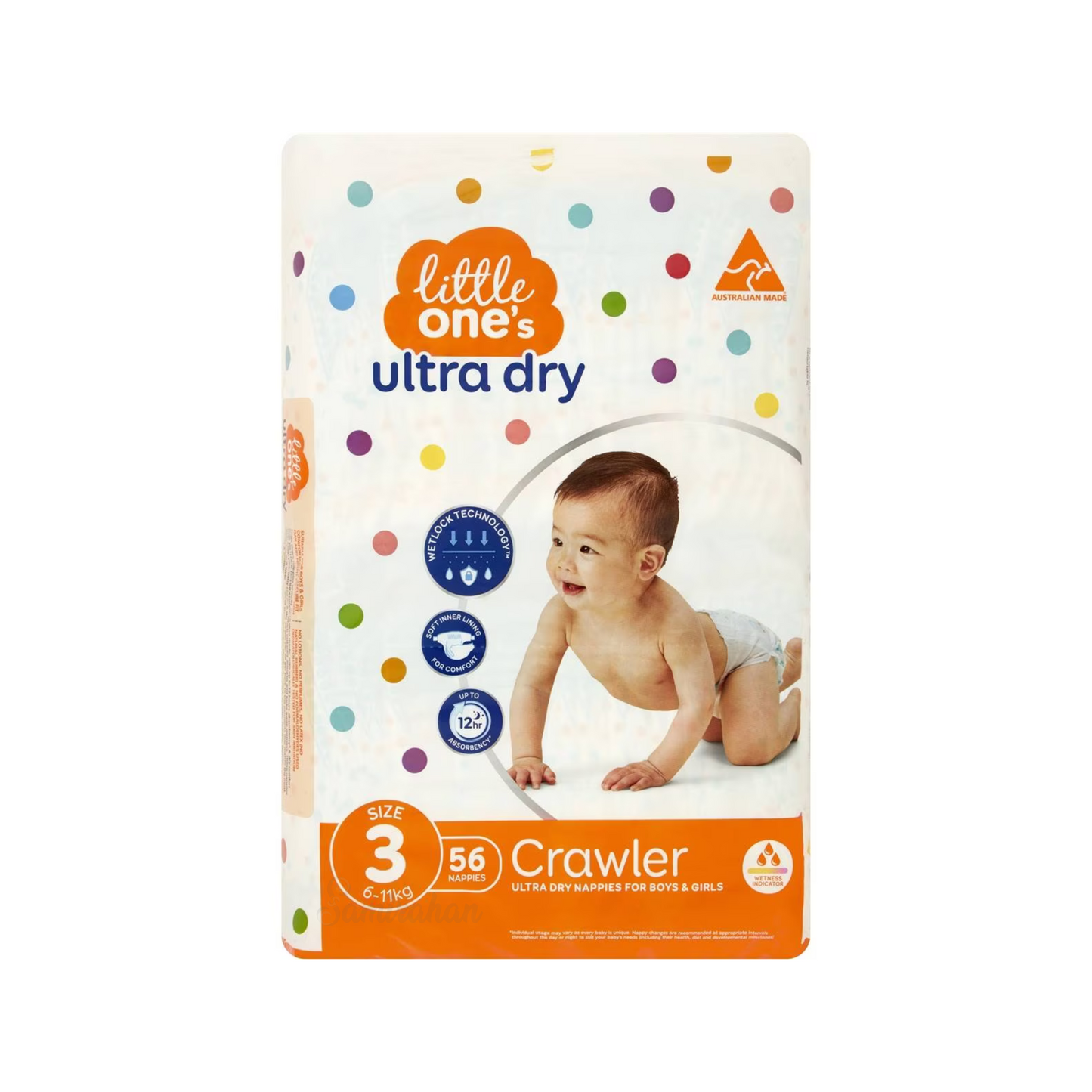 Little One's Size 2 Ultra Dry Nappies are suitable for boy & girl crawlers from 6-11kg. It has embossed lining for runny poo protection, provides dry comfort, up to 12hrs absorbency & soft, secure & comfortable fit. Dermatologically tested. Best foreign genuine Australian baby diaper nappy in Dhaka Bangladesh.