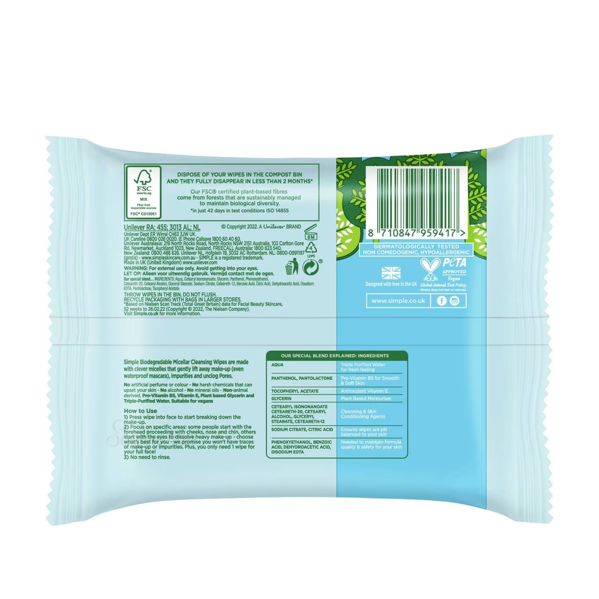 Simple Kind to Skin Micellar Water Wipes effectively cleanses grease, impurities & make-up, even waterproof mascara. They leave skin feeling clean, fresh & instantly hydrated. With Pro-Vitamin B5 & Vitamin E. Unscented. No alcohol or harsh chemicals. Dermatologically tested. Best make up remover wipe Dhaka Bangladesh.