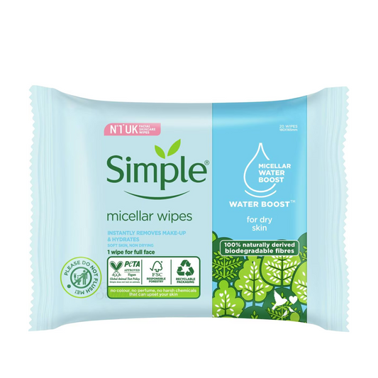 Simple Kind to Skin Micellar Water Wipes effectively cleanses grease, impurities & make-up, even waterproof mascara. They leave skin feeling clean, fresh & instantly hydrated. With Pro-Vitamin B5 & Vitamin E. Unscented. No alcohol or harsh chemicals. Dermatologically tested. Best make up remover wipe Dhaka Bangladesh.