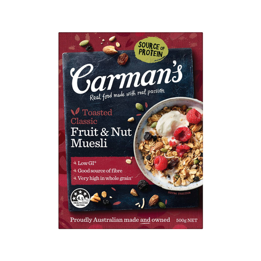 Carman's Classic Fruit & Nut Muesli is deliciously crisp, oven baked muesli with fruits & a blend of roasted nuts, seeds & coconut in a base of Australian whole grain oats. Low GI. Source of Protein & fibre. Halal certified. Best genuine foreign imported cereal food healthy nutrition breakfast in Dhaka Bangladesh.
