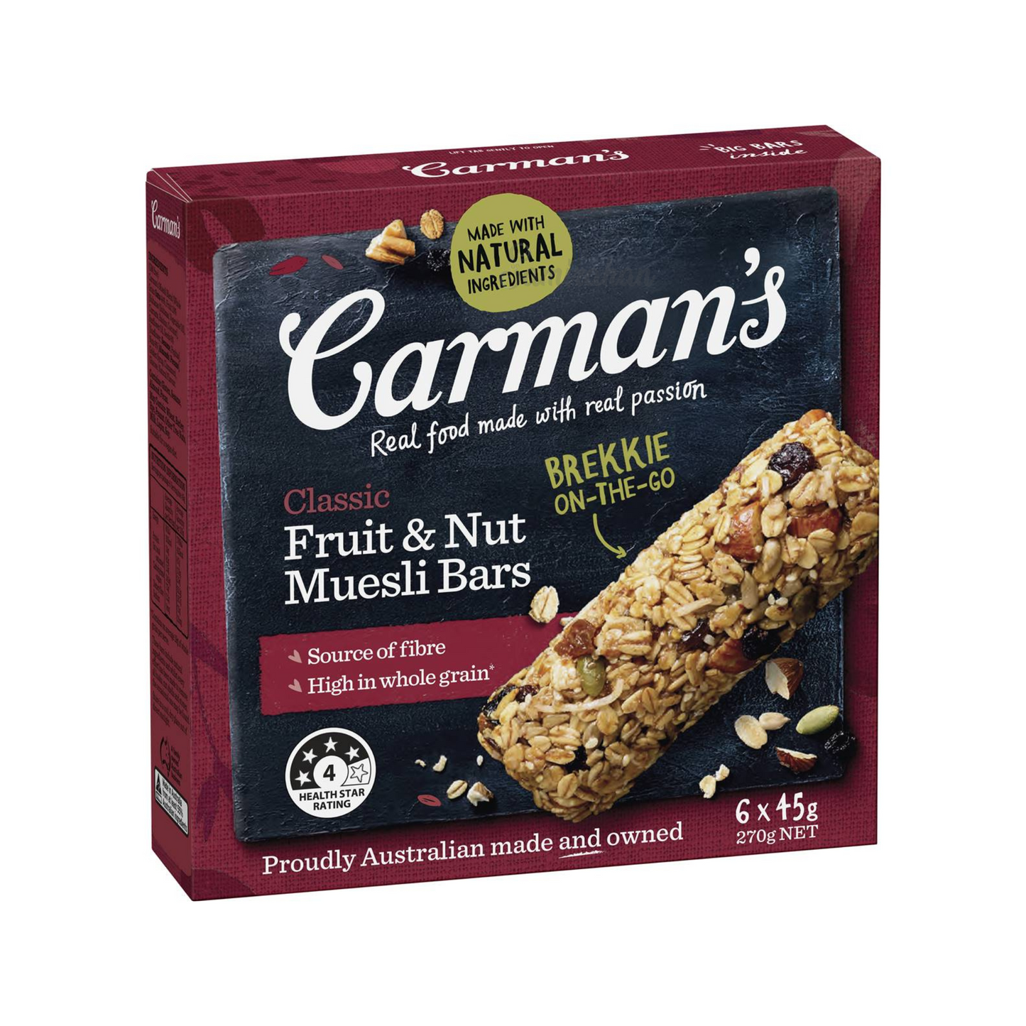 Carman's Classic Fruit & Nut Muesli Bars are made with natural ingredients, Aussie oats, sun-ripened vine fruits & roasted nuts. Source of fibre & high in whole grain. Australian Health Star Rating of 4. Halal certified. Vegan. Best genuine foreign imported Aussie health food healthy nutrition bar in Dhaka Bangladesh.