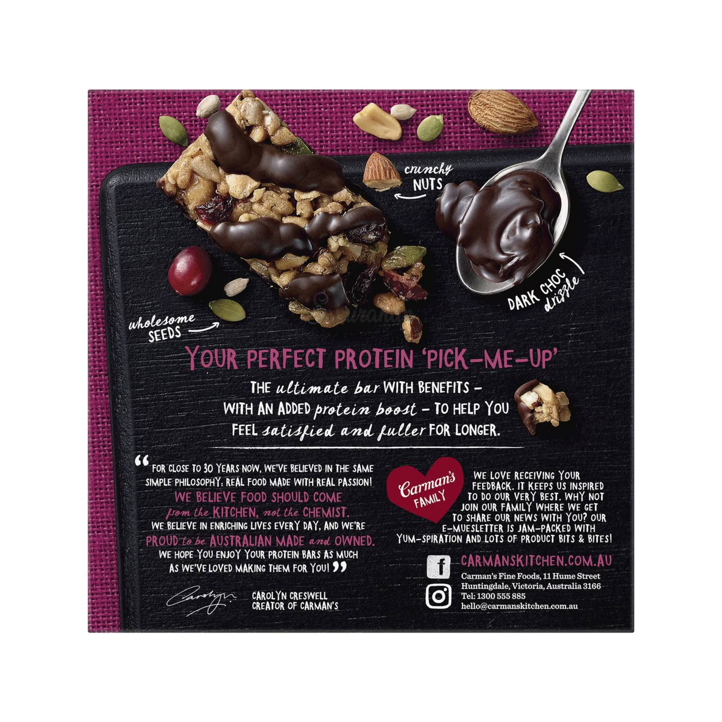 Carman's Gourmet Protein Bars Dark Choc & Cranberry features juicy ripe cranberries, crunchy seeds & golden honey on a base of tasty roasted peanuts & almonds, all drizzled in luscious dark choc. Halal certified. Gluten free. Best genuine foreign Aussie health food healthy nutrition protein bar in Dhaka Bangladesh.
