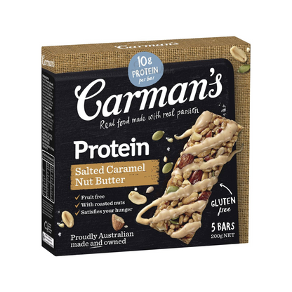 Carman's Gourmet Protein Bars Salted Caramel Nut Butter are the perfect protein pick-me-up with 10g of protein per bar. Made with roasted peanuts, seeds & topped with a creamy nut butter drizzle. Halal certified. Gluten free. Best genuine foreign Aussie health food healthy nutrition protein bar in Dhaka Bangladesh.