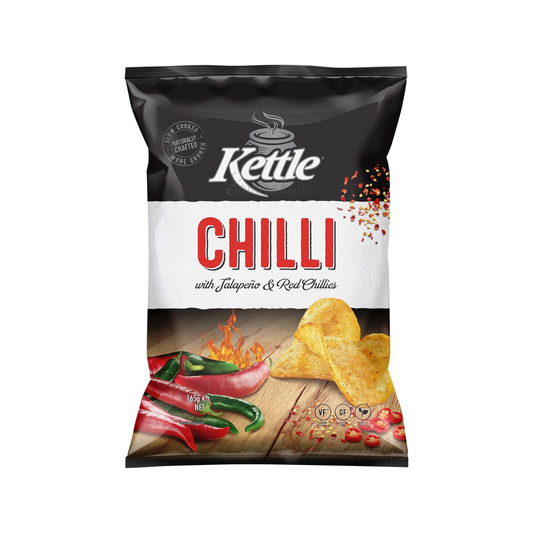 Kettle Potato Chips Chilli are slow-cooked chips topped with a tasty, natural & gluten free seasoning that's created from a blend of exotic peppers including Spanish Jalapenos. No artificial colours, flavours or MSG. Halal suitable. Vegan friendly. Best genuine foreign Aussie delicious snacks chip in Dhaka Bangladesh.