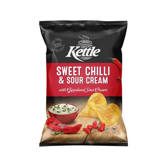 Kettle Potato Chips Sweet Chilli & Sour Cream are slow-cooked & topped with a tasty, natural & gluten free seasoning that uses Australia's richest & creamiest sour cream found in Victoria's lush & fertile Gippsland region. Halal suitable. Best genuine foreign Aussie delicious snacks chip in Dhaka Bangladesh.