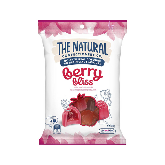 The Natural Confectionery Co. Berry Bliss Lollies are berry flavoured jellies with a soft fruity liquid centre. No artificial colours, flavours, GMOs, sweeteners or high fructose corn syrup. Halal certified. Best genuine imported foreign Australian candy chocolate real healthy snack sweets price in Dhaka Bangladesh.