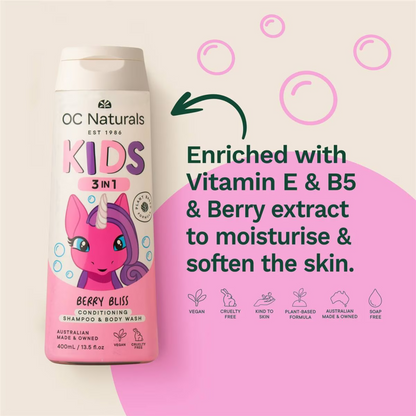 Organic Care Naturals Kids 3 in 1 Shampoo & Body Wash Berry Bliss has plant derived ingredients. Enriched with Vitamin E & B5, it contains no chemicals that harm your child's sensitive skin. Leaves skin soft & smooth. Best foreign kid's children body wash bathing genuine Australian imported price in Dhaka Bangladesh.