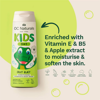 Organic Care Naturals Kids 3 in 1 Shampoo & Body Wash Fruit Blast has plant derived ingredients. Enriched with Vitamin E & B5, it contains no chemicals that harm your child's sensitive skin. Leaves skin soft & smooth. Best foreign kid's children body wash bathing genuine Australian imported price in Dhaka Bangladesh.