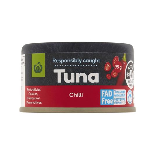 Woolies Tuna with chilli is wild caught tuna high in Omega 3 & has an Australian Health Star Rating of 4.5. No artificial colors, flavours or preservatives. Best cheap genuine imported foreign Australian Thai canned tuna Aussie seafood health food hot cooking fish can safe to eat healthy price in Dhaka Bangladesh.
