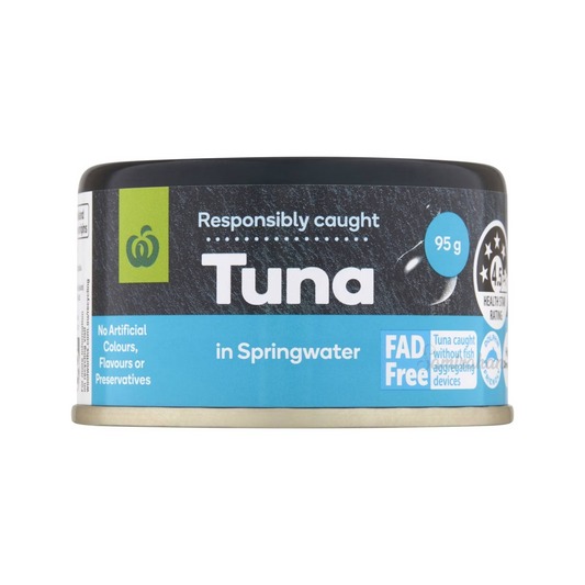 Woolies Tuna in Springwater is wild caught tuna high in Omega 3 & has an Australian Health Star Rating of 4.5. No artificial colors, flavours or preservatives. Best cheap genuine imported foreign Australian Thai canned tuna Aussie seafood health food cooking fish can safe to eat healthy price in Dhaka Bangladesh.