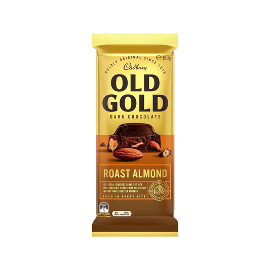 Cadbury Old Gold Roast Almond Dark Chocolate Block is made of 45% cocoa, generous chunks of rich dark chocolate packed with deliciously crunchy whole roasted almonds. Halal suitable.. Best imported foreign Australian Aussie genuine premium sweets gift idea candy real snack chocolate cocoa price in Dhaka Bangladesh.