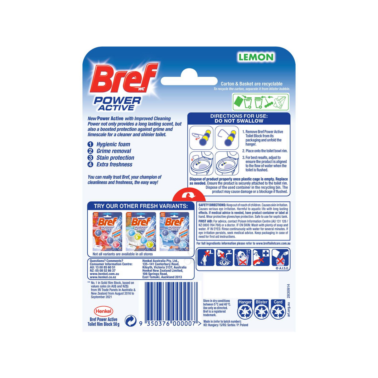 Bref Power Active Toilet Cleaner Block fits under the toilet rim & cleans with combined actions of hygienic foam, grime removal, stain protection & extra fragrance. Best imported foreign Australian Aussie genuine authentic premium quality real household cleaning hygiene price in Dhaka Chittagong Sylhet Bangladesh.